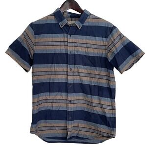 Outerknown Mens Striped Short Sleeve Button Up Shirt - Navy Blue, Tan‎ - Medium